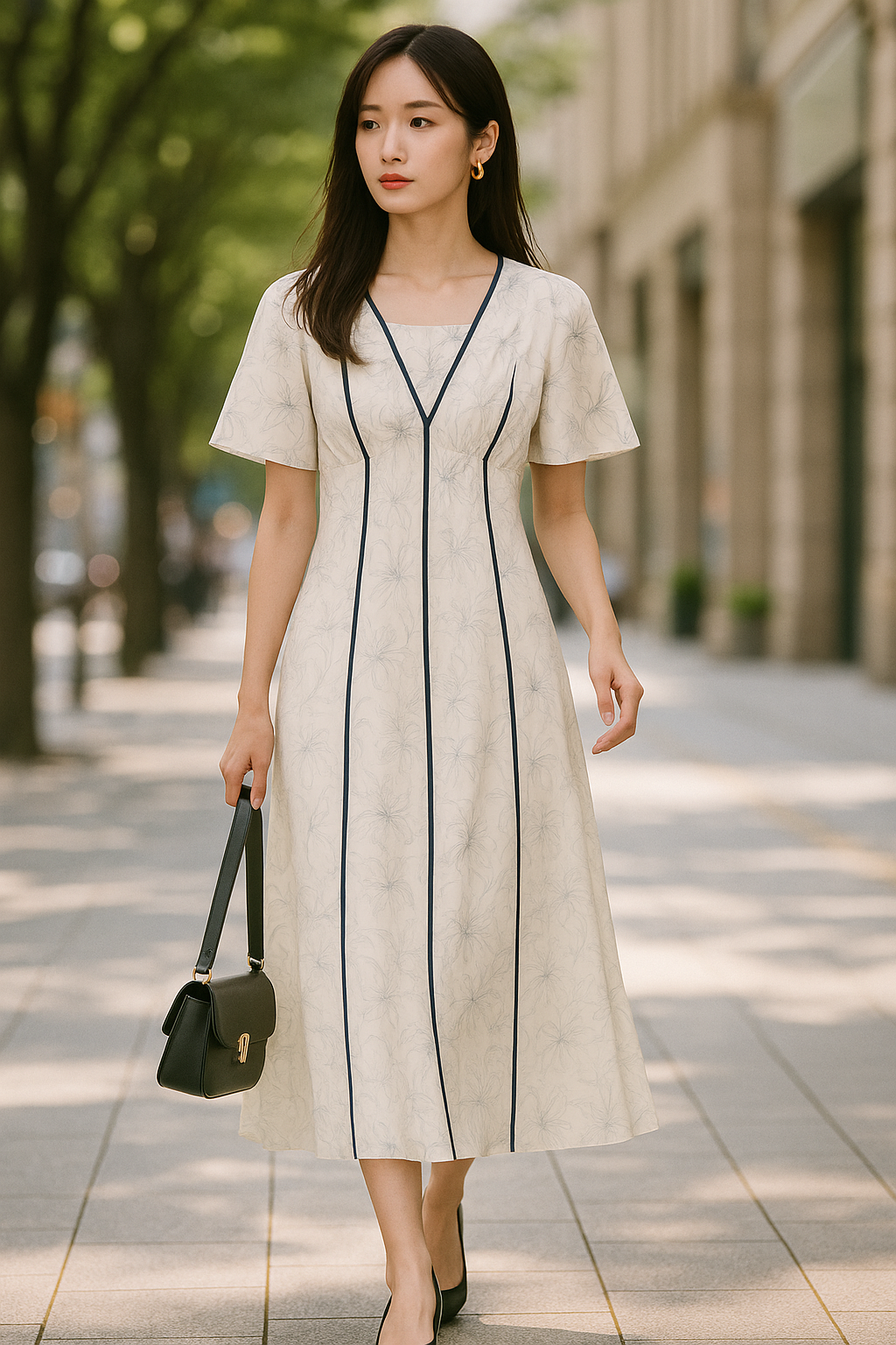 新品【月額制レンタル|プレミアムプラン対象】配色ライン花柄ワンピース / PROPORTION BODY DRESSING