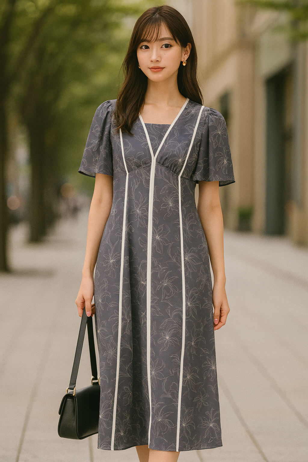 新品【月額制レンタル|プレミアムプラン対象】配色ライン花柄ワンピース / PROPORTION BODY DRESSING